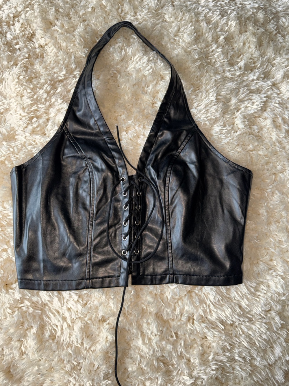 SHEIN Black Faux Leather Lace-Up Halter Crop Top